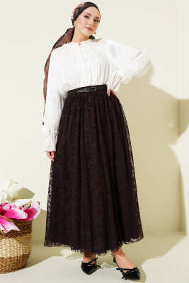 Kemerli Çiçekli Kloş Tül Etek Kahve - Bayram Kombinleri