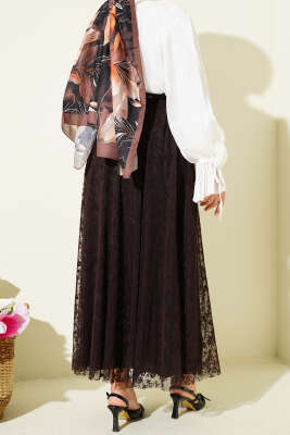 Kemerli Çiçekli Kloş Tül Etek Kahve - Bayram Kombinleri