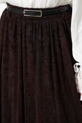 Kemerli Çiçekli Kloş Tül Etek Kahve - Bayram Kombinleri