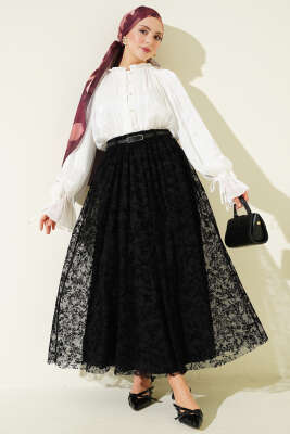 Kemerli Çiçekli Kloş Tül Etek Siyah - Bayram Kombinleri