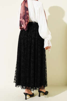 Kemerli Çiçekli Kloş Tül Etek Siyah - Bayram Kombinleri