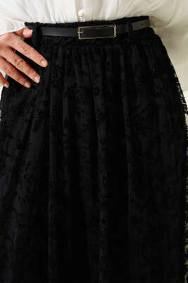 Kemerli Çiçekli Kloş Tül Etek Siyah - Bayram Kombinleri