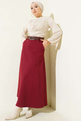 Kemerli Çift Cepli Kloş Etek Bordo - Etek