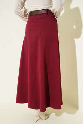 Kemerli Çift Cepli Kloş Etek Bordo - Etek