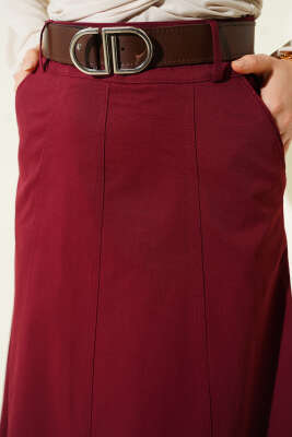 Kemerli Çift Cepli Kloş Etek Bordo - Etek