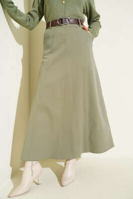 Kemerli Çift Cepli Kloş Etek Haki - ALİ AKKAYA