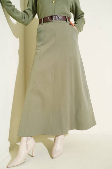 Kemerli Çift Cepli Kloş Etek Haki - Etek