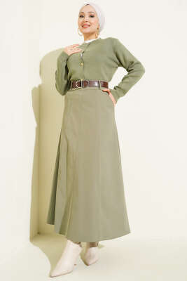 Kemerli Çift Cepli Kloş Etek Haki - Etek