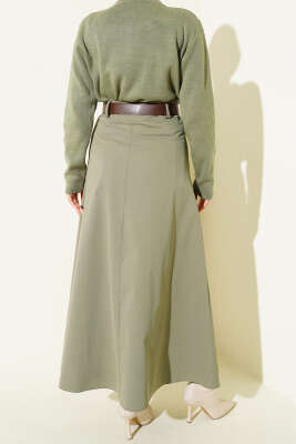 Kemerli Çift Cepli Kloş Etek Haki - Etek