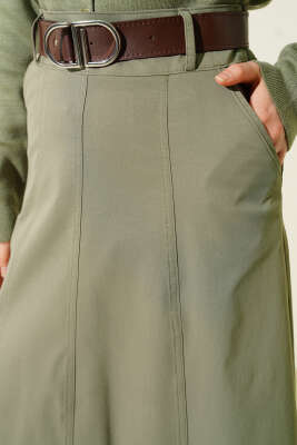 Kemerli Çift Cepli Kloş Etek Haki - Etek