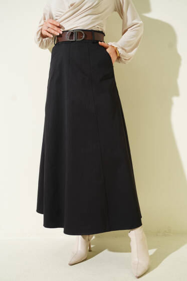 Kemerli Çift Cepli Kloş Etek Siyah - Etek