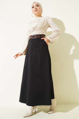 Kemerli Çift Cepli Kloş Etek Siyah - Etek