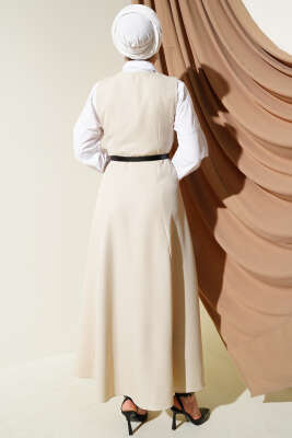 Kemerli Çift Düğmeli Jile Elbise Bej - Tesettür Elbise