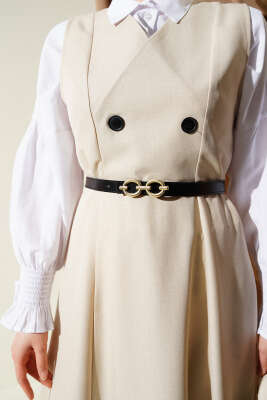 Kemerli Çift Düğmeli Jile Elbise Bej - Tesettür Elbise