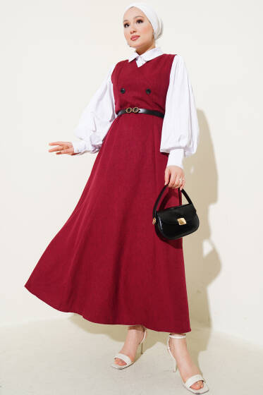 Kemerli Çift Düğmeli Jile Elbise Bordo - Elbise