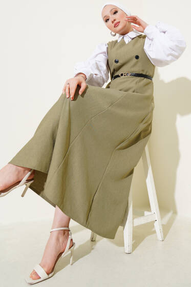 Kemerli Çift Düğmeli Jile Elbise Çağla Yeşili - Elbise