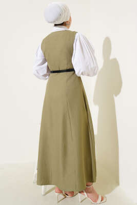 Kemerli Çift Düğmeli Jile Elbise Çağla Yeşili - Tesettür Elbise
