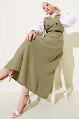 Kemerli Çift Düğmeli Jile Elbise Çağla Yeşili 