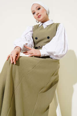 Kemerli Çift Düğmeli Jile Elbise Çağla Yeşili - Tesettür Elbise