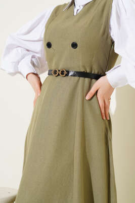 Kemerli Çift Düğmeli Jile Elbise Çağla Yeşili - Tesettür Elbise