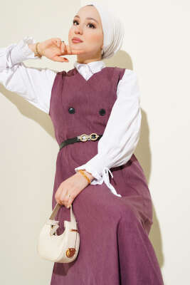 Kemerli Çift Düğmeli Jile Elbise Gül Kurusu - Tesettür Elbise