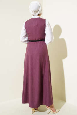 Kemerli Çift Düğmeli Jile Elbise Gül Kurusu - Tesettür Elbise