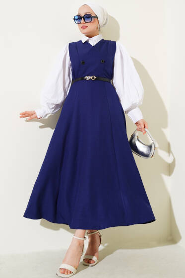 Kemerli Çift Düğmeli Jile Elbise Lacivert - Elbise