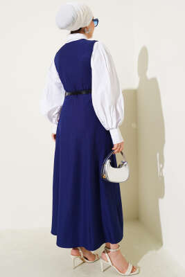 Kemerli Çift Düğmeli Jile Elbise Lacivert - Tesettür Elbise