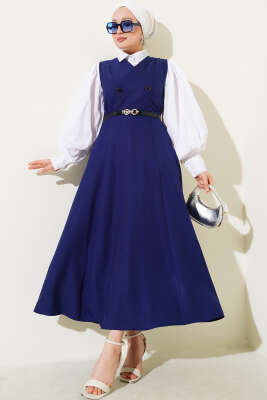 Kemerli Çift Düğmeli Jile Elbise Lacivert - Tesettür Elbise