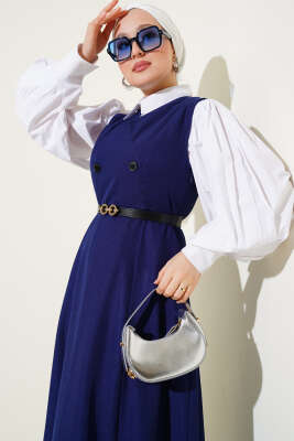 Kemerli Çift Düğmeli Jile Elbise Lacivert - Tesettür Elbise