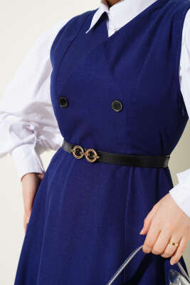 Kemerli Çift Düğmeli Jile Elbise Lacivert - Tesettür Elbise