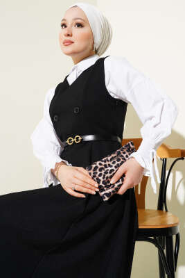 Kemerli Çift Düğmeli Jile Elbise Siyah - Tesettür Elbise