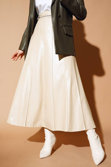 Kemerli Çımalı Deri Etek Bej - Uzun Etek