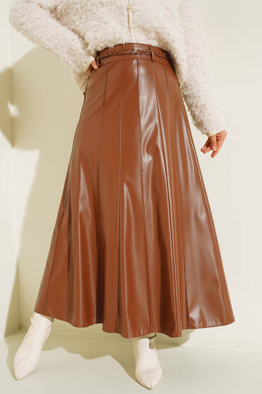 Kemerli Çımalı Deri Etek Taba - Uzun Etek