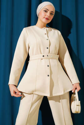 Kemerli Çıtçıtlı Ceket İkili Takım Bej - İkili Takım