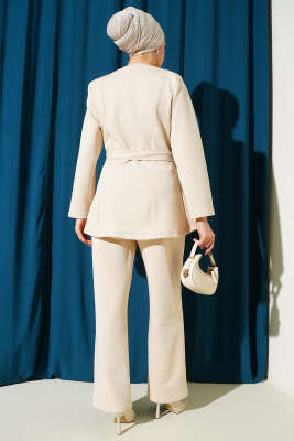 Kemerli Çıtçıtlı Ceket İkili Takım Bej - İkili Takım