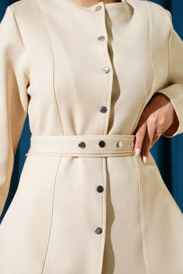 Kemerli Çıtçıtlı Ceket İkili Takım Bej - İkili Takım