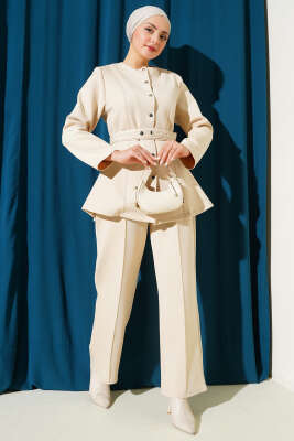 Kemerli Çıtçıtlı Ceket İkili Takım Bej - VAV TEKSTİL
