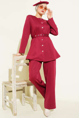 Kemerli Çıtçıtlı Ceket İkili Takım Bordo - VAV TEKSTİL