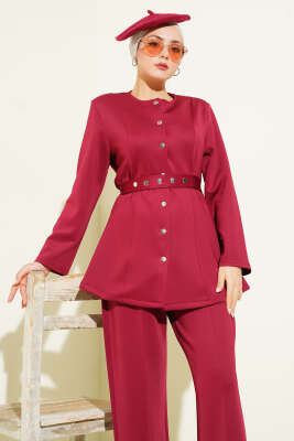Kemerli Çıtçıtlı Ceket İkili Takım Bordo - İkili Takım