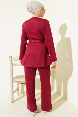 Kemerli Çıtçıtlı Ceket İkili Takım Bordo - İkili Takım