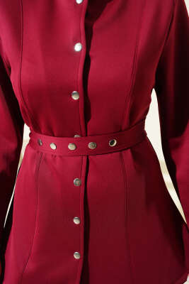 Kemerli Çıtçıtlı Ceket İkili Takım Bordo - İkili Takım