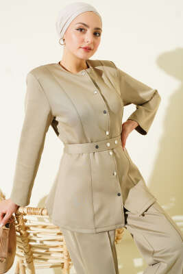 Kemerli Çıtçıtlı Ceket İkili Takım Çağla Yeşili - İkili Takım