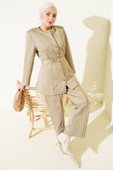 Kemerli Çıtçıtlı Ceket İkili Takım Çağla Yeşili - İkili Takım