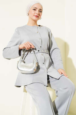 Kemerli Çıtçıtlı Ceket İkili Takım Gri - İkili Takım