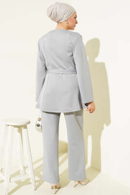 Kemerli Çıtçıtlı Ceket İkili Takım Gri - İkili Takım