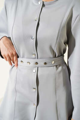 Kemerli Çıtçıtlı Ceket İkili Takım Gri - İkili Takım