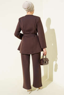 Kemerli Çıtçıtlı Ceket İkili Takım Kahve - İkili Takım