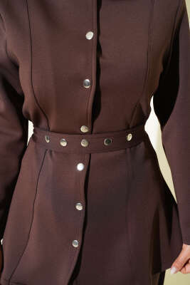 Kemerli Çıtçıtlı Ceket İkili Takım Kahve - İkili Takım