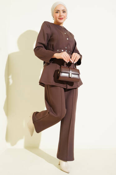 Kemerli Çıtçıtlı Ceket İkili Takım Kahve - İkili Takım